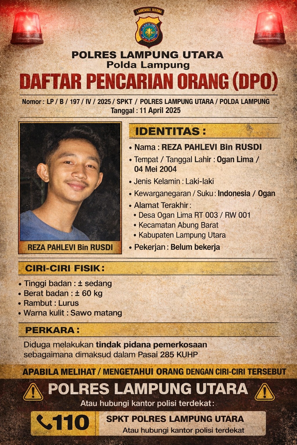 Kepolisian Resor Lampung Utara Terus Melakukan Pengejaran Intensif Terhadap Satu Tersangka DPO