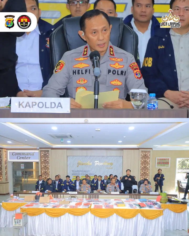Kapolda Lampung Irjen Pol Helfi Assegaf, S.I.K., M.H., bersama Wakapolda Brigjen Pol Drs. Sumarto, M.Si., Memimpin Langsung Konferensi Pers