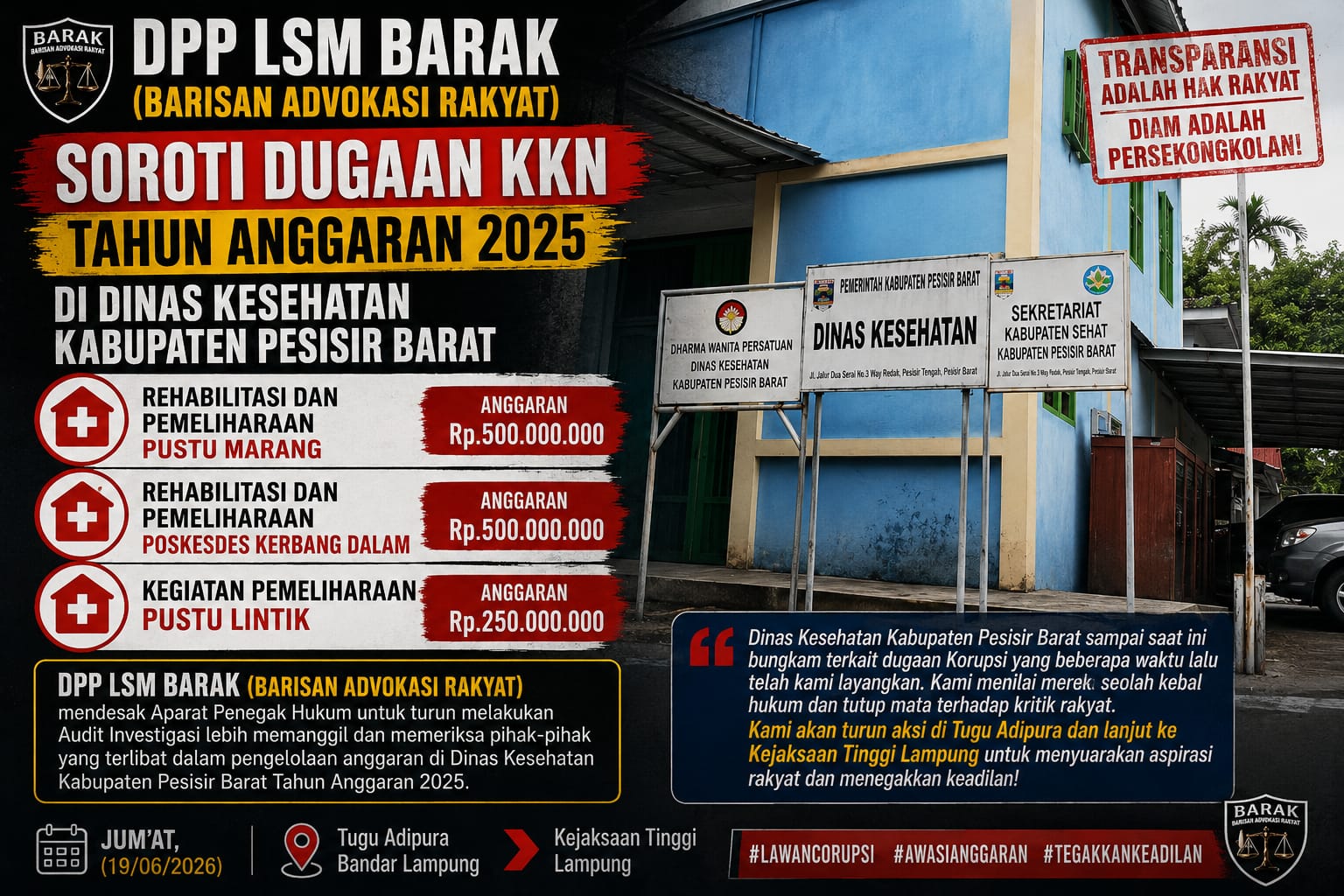 Breaking News..!!! DPP BARAK Kembali Menyoroti Dugaan Praktik Korupsi Di Dinas Kesehatan Kabupaten Pesisir Barat